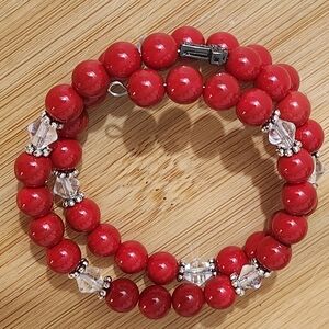 Hand Crafted Wrap Bracelet Bright Red Clear Crystals Black Pave Cross Coil
